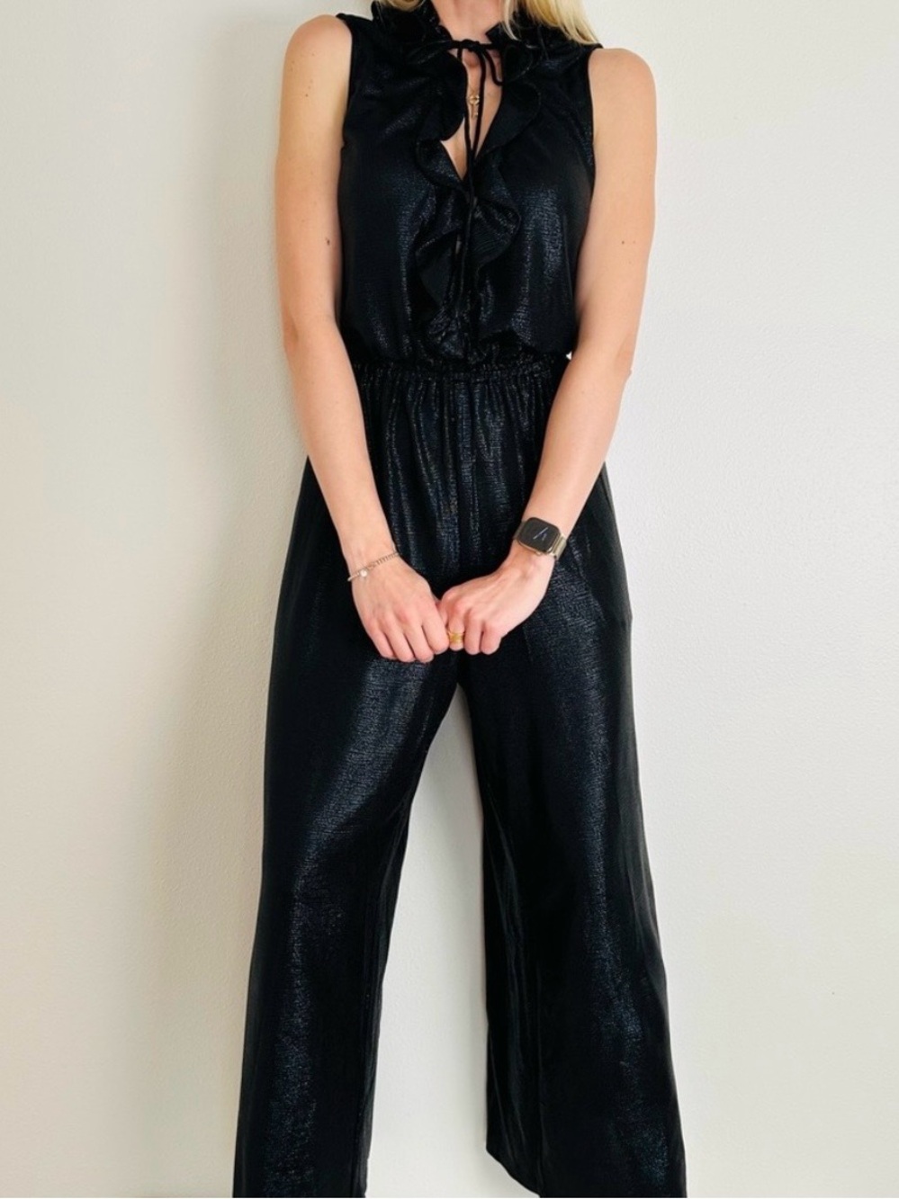 Zac Posen Black Metallic Sleeveless Wide Leg Jumpsuit